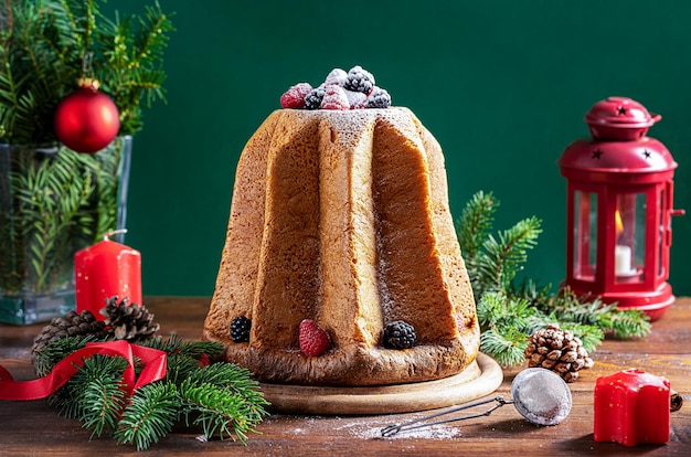 크리스마스 장식과 녹색 배경을 갖춘 나무 테이블에 있는 전통적인 이탈리아 크리스마스 케이크 Pandoro