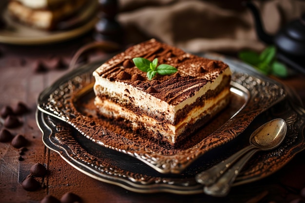 Traditional italian dessert tiramisu in glass light stone background