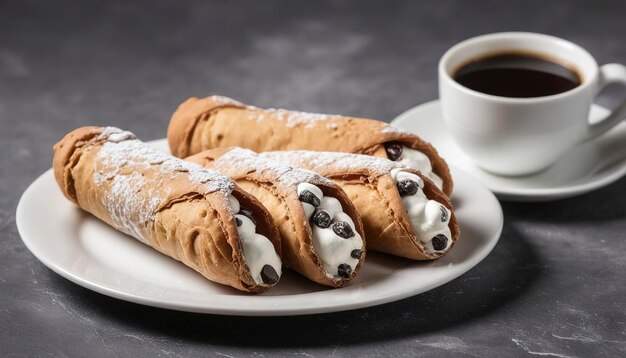 전통적인 이탈리아 디저트 카놀리 (cannoli) 는 커피와 함께 제공되는 접시입니다.