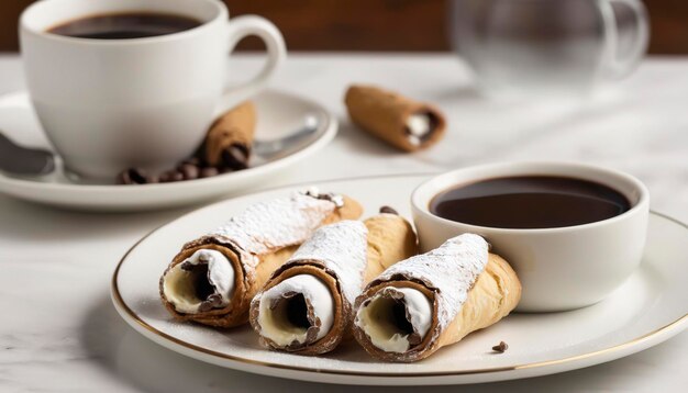 전통적인 이탈리아 디저트 카놀리 (cannoli) 는 커피와 함께 제공되는 접시입니다.