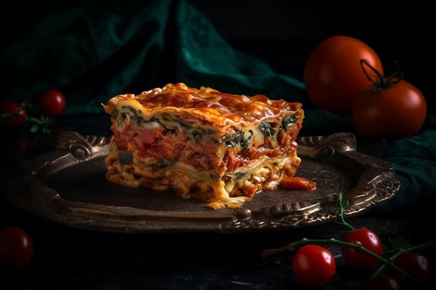 Traditional Italian lasagna with tomatoes and spinach on a black background