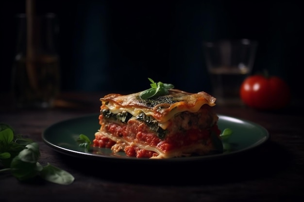 Traditional Italian lasagna with tomatoes and spinach on a black background