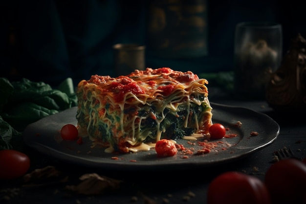 Traditional Italian lasagna with tomatoes and spinach on a black background