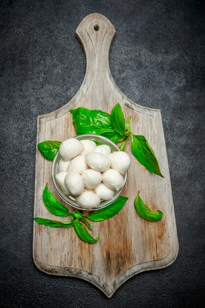 Traditional Italian Mozzarella cheese and basil on dark concrete