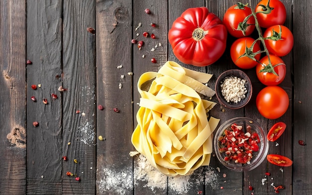 Traditional Italian pasta decorated with pasta ingredients flour basil and tomatoes