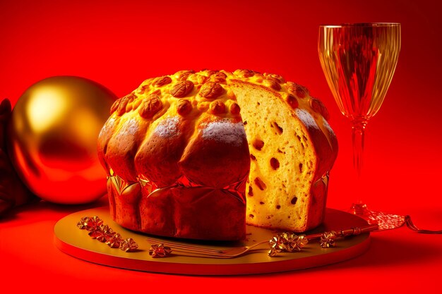 赤の背景にブランデーとラムソースを添えた伝統的なイタリアのペストリー ケーキ パネトーネ