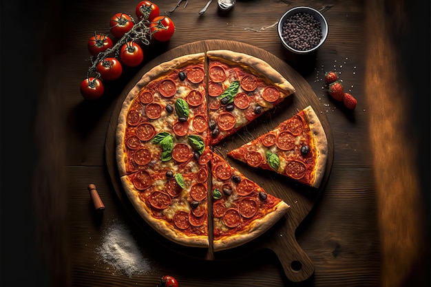 Traditional Italian pepperoni pizza with tomato sauce and arugula