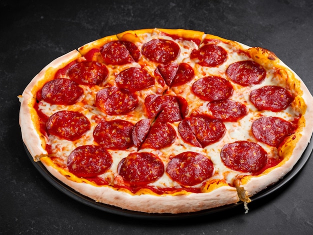 Traditional italian pizza pepperoni with salami and cheese on a dark slate stone metal or concrete