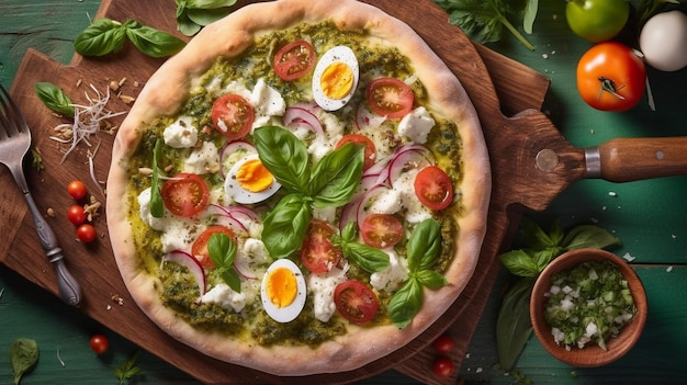 사진 초록색 바질로 만든 전통적인 이탈리아 피자