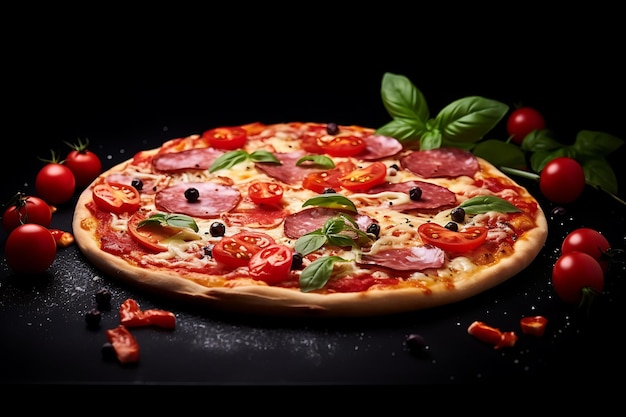 Traditional Italian Pizza with mozzarella tomatoes and salami over black background