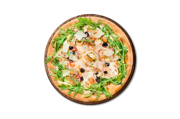 Traditional Italian pizza with mussels, arugula and parmesan on wooden board isolated