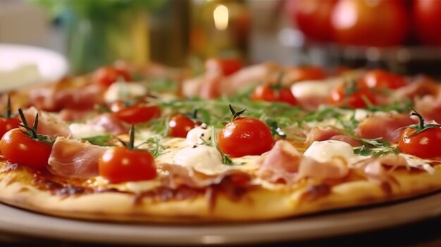 Traditional italian pizza with tomato ham cheese mozzarella restaurant kitchen concept Generated AI