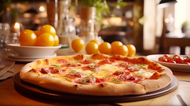 토마토 햄 치즈 모짜렐라 레스토랑 주방 개념을 곁들인 전통 이탈리아 피자 AI 생성