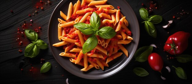 Традиционный итальянский рецепт пасты Penne All'Arrabbiata, представленный на тарелке сверху.