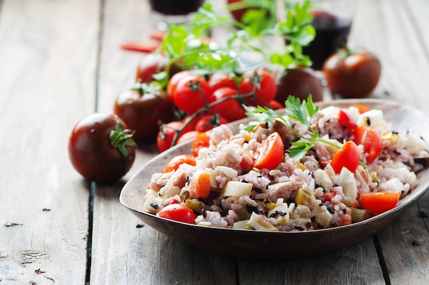 Traditional italian rice salad with tuna and vegetables