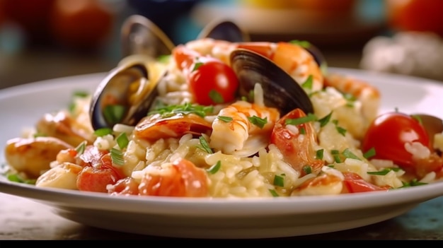 Traditional Italian risotto with seafood shrimp and mussels tomatoes Generated AI