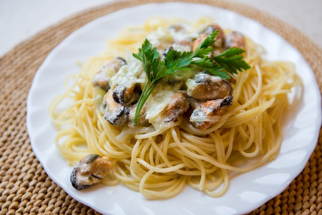 Traditional italian seafood pasta with clams