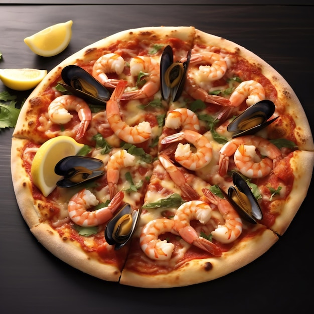 Traditional Italian seafood pizza on black table
