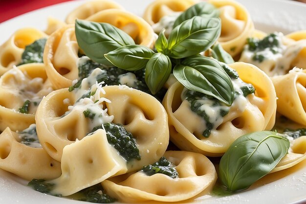 Foto tortellini italiani tradizionali con salsa di basilico fresco e formaggio