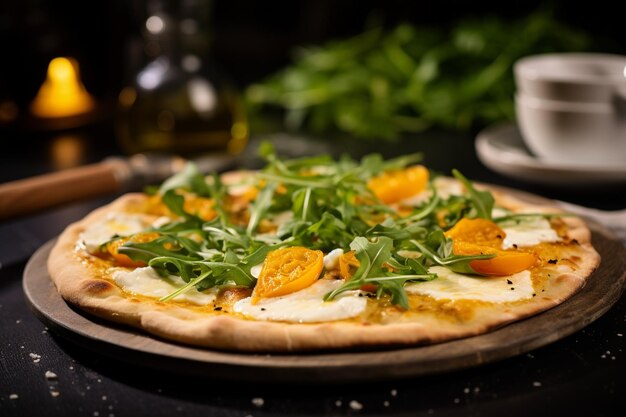 Traditional italian white pizza with taleggio cheese caramelized pumpkin and arugula on the table