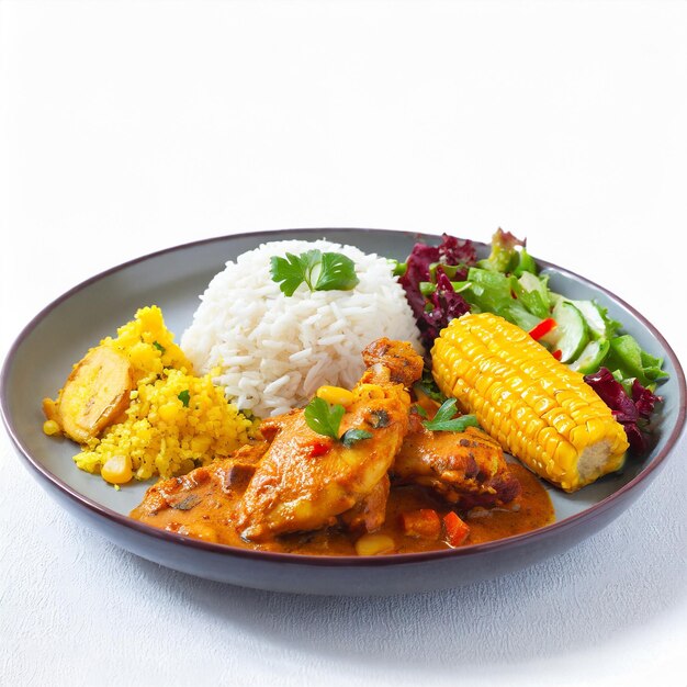 Traditional Jamaican curried goat jerk chicken and fried dumpling with rice and peas