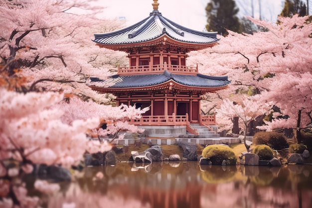 Traditional japanese architecture shrine in tokyo japan with sakura and tree during spring season AI