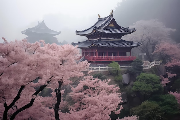 春の季節に桜と木がある東京の伝統的な日本建築の神社