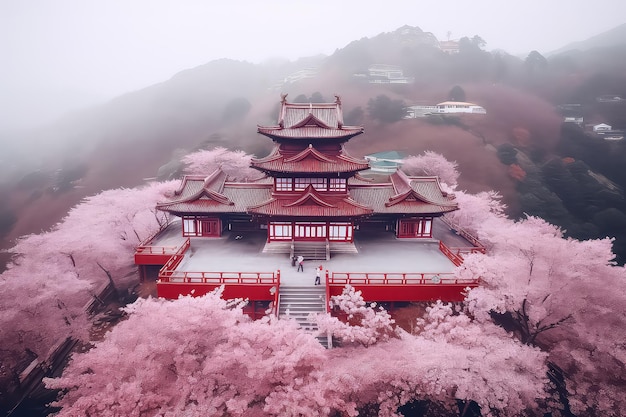 봄철에 사쿠라와 나무가 있는 일본 도쿄의 전통 일본 건축 신사