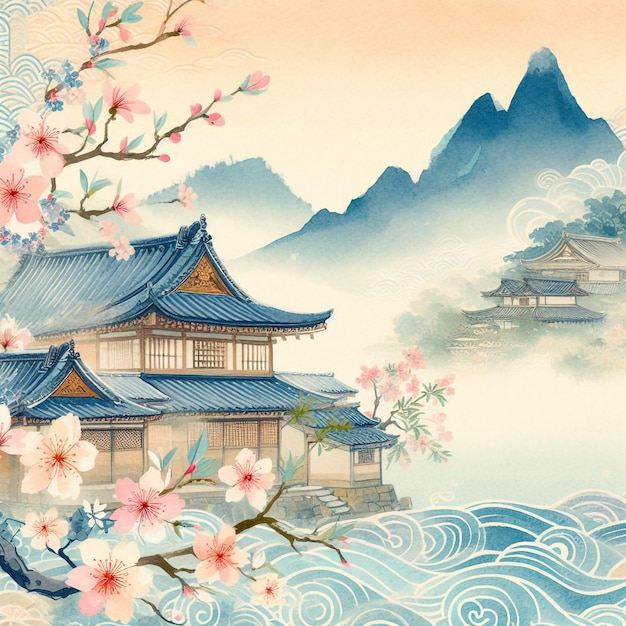 Traditional Japanese Background Water Color Style painting Squre Background Minimal style