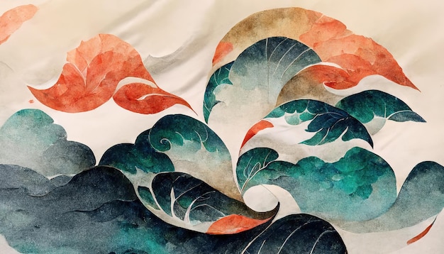Фото Традиционный японский фон с волнами и цветочной текстурой восточная естественная акварельная волна