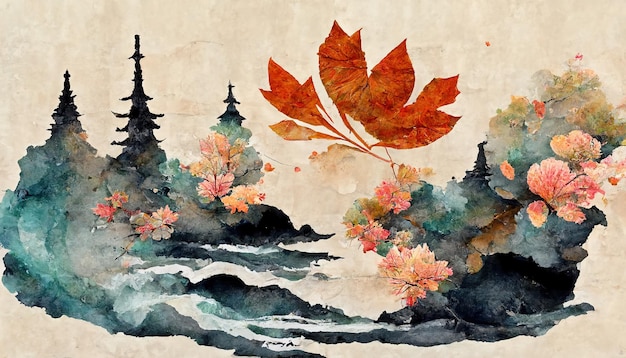 Traditional Japanese background with waves and flower texture Oriental natural watercolor wave