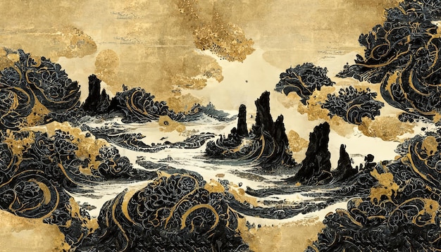 Traditional Japanese background with waves and flower texture Oriental natural watercolor wave