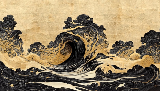 波と花のテクスチャを持つ伝統的な日本の背景 東洋の自然な水彩画の波