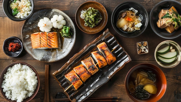 Traditional Japanese breakfast with grilled fish rice miso soup and pickled vegetables