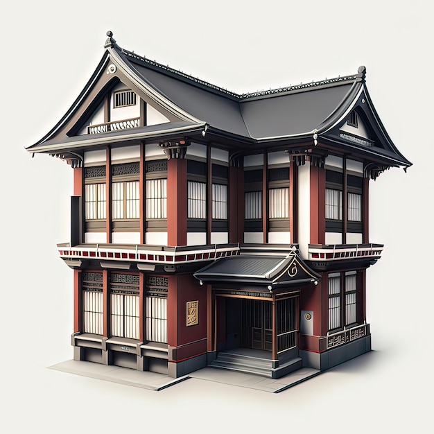 孤立した背景に明るい窓のある伝統的な日本の建物アジア文化の朝日の国豪華な外観の高解像度アート生成人工知能