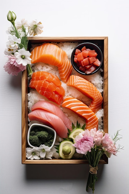 Traditional Japanese dish sashimi decorated with flowers Top view Generated by AI