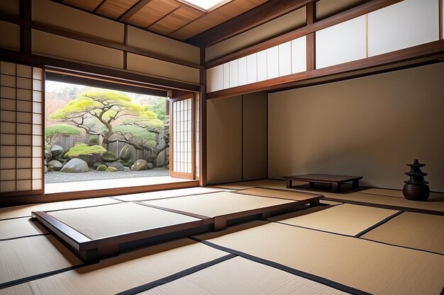 写真 伝統的な日本の空き部屋のインテリアタタミマットと日光