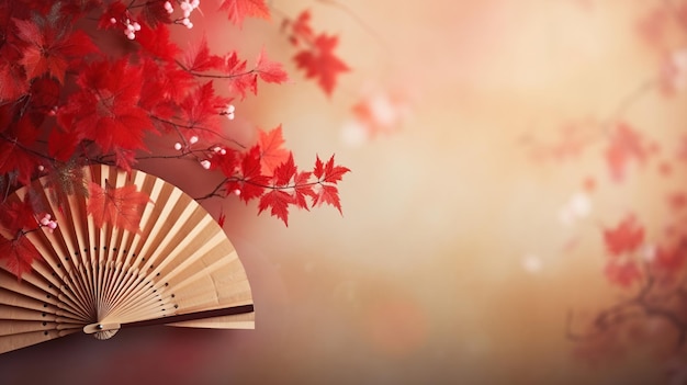 Traditional Japanese fan with red autumn leaves fall vibes background AI generated content