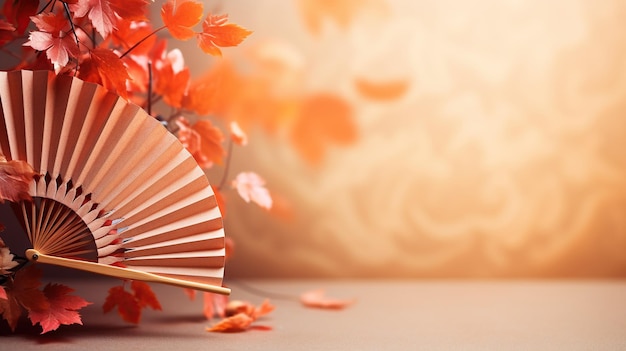 Traditional Japanese fan with red autumn leaves fall vibes background AI generated content