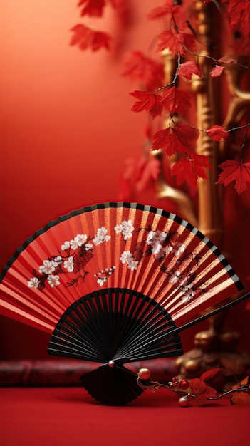 Traditional Japanese fan with red autumn leaves fall vibes background AI generated content