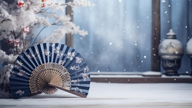 Traditional Japanese fan with snow winter landscape background AI generated content