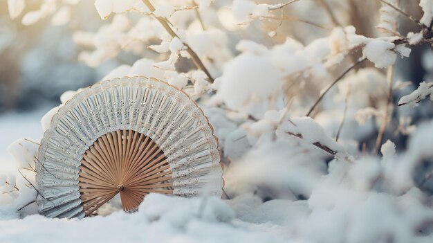 Traditional Japanese fan with snow winter landscape background AI generated content