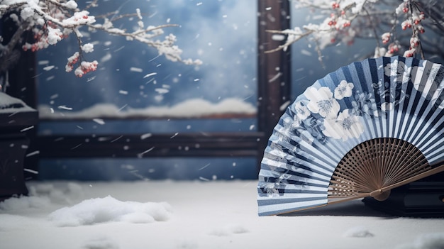 Traditional Japanese fan with snow winter landscape background AI generated content