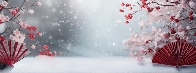 Traditional Japanese fan with snow winter landscape banner background AI generated content