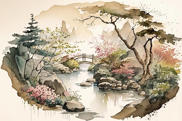 Traditional Japanese garden plum blossom flowers in garden generative ai