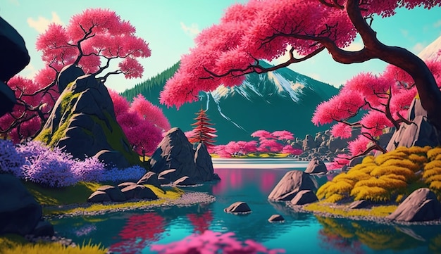 Traditional japanese garden relaxing colorful nature pictures AI Generated image