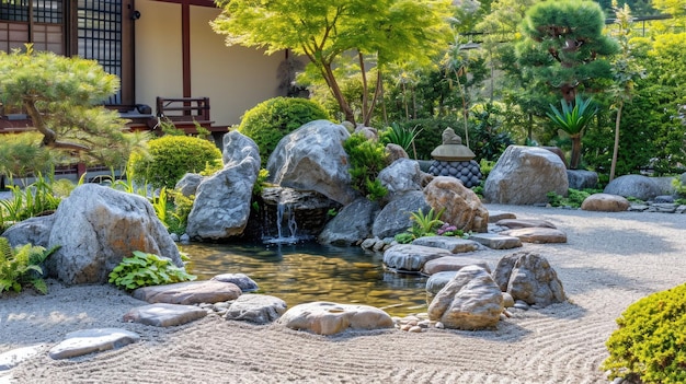 写真 コイ 池 と  が 輝く 伝統 的 な 日本 の 庭園