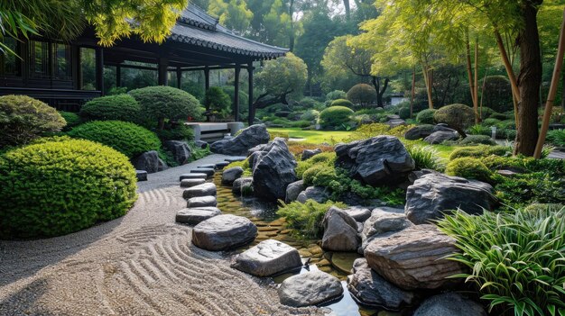 Traditional japanese garden with koi pond and waterfall resplendent