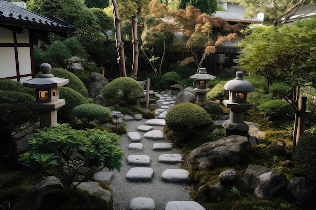 돌길 등불과 분재 나무가 있는 전통 일본식 정원