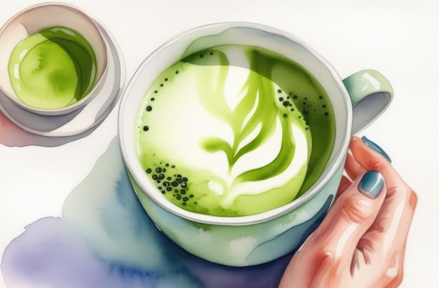 Фото Традиционный японский зеленый чай матча в белой чашке с акварельной иллюстрацией женской руки